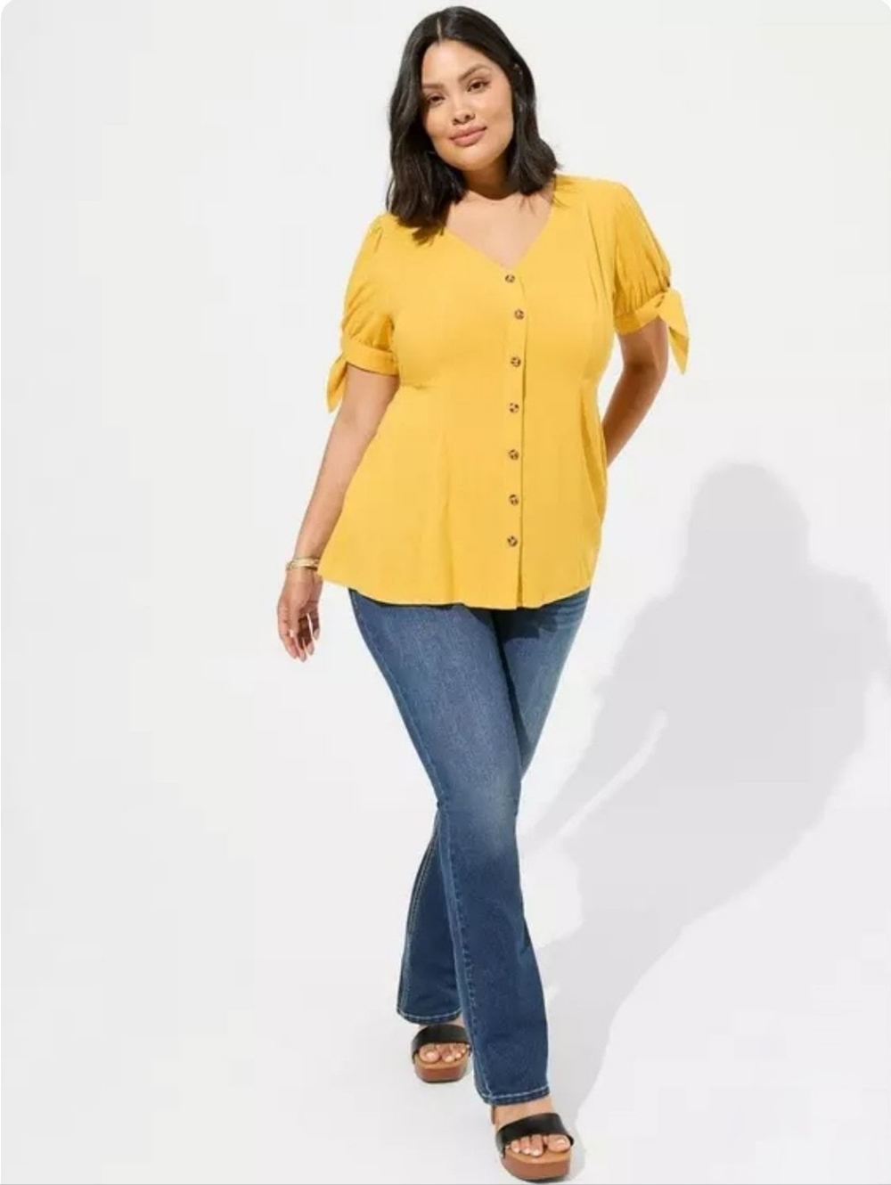 Torrid Fit & Flare Yellow  Rayon Slub Button Up Tie Sleeve Top 10-12 Size 00